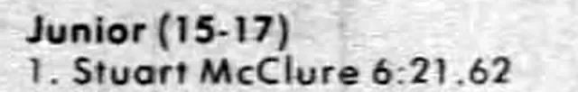 Results clipping from the Tarague Challenge Hill Climb: Junior (15–17), first place, Stuart McClure, 6:21.62.