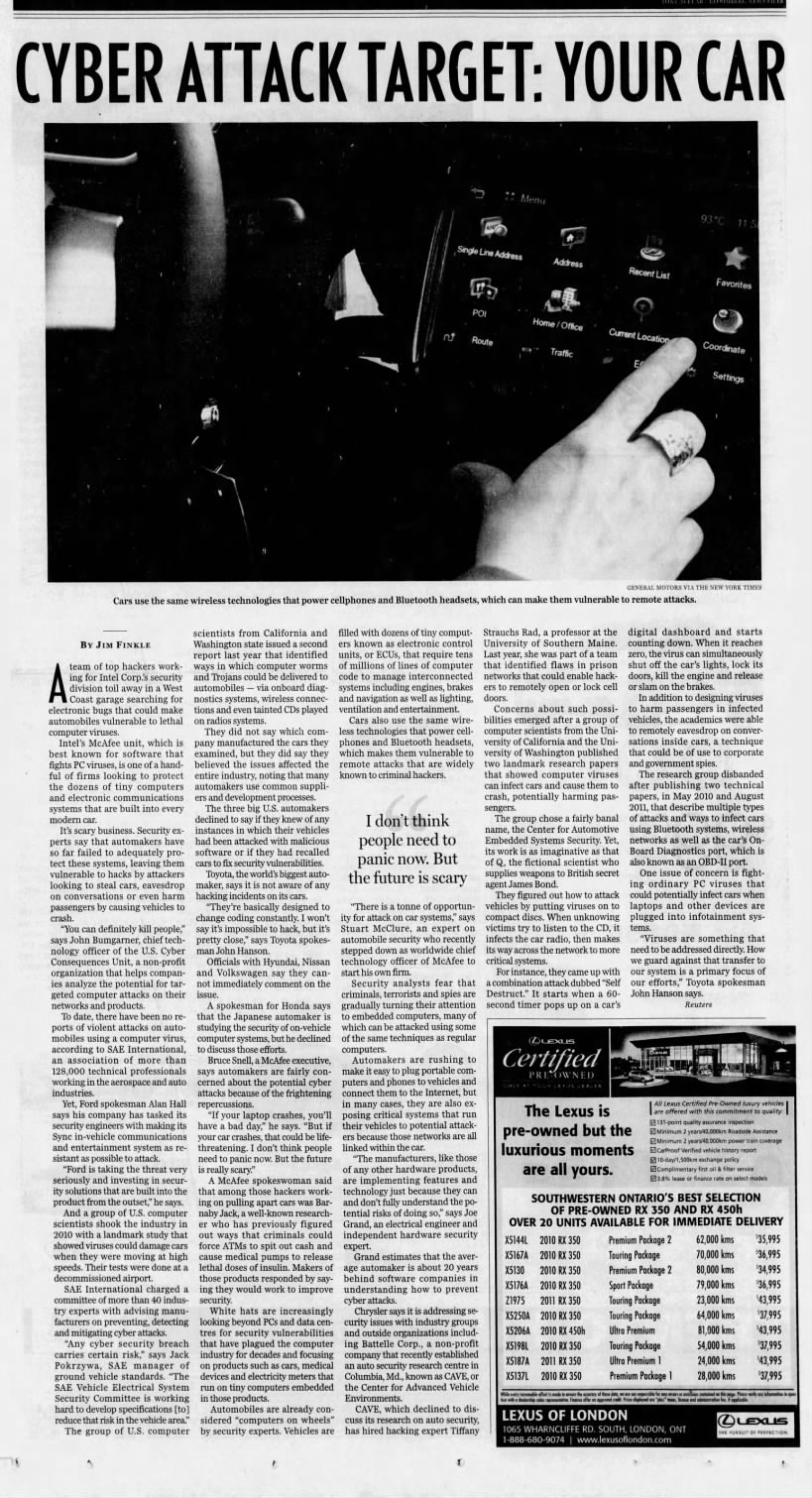 Cyber Attack Target: Your Car — newspaper clipping
