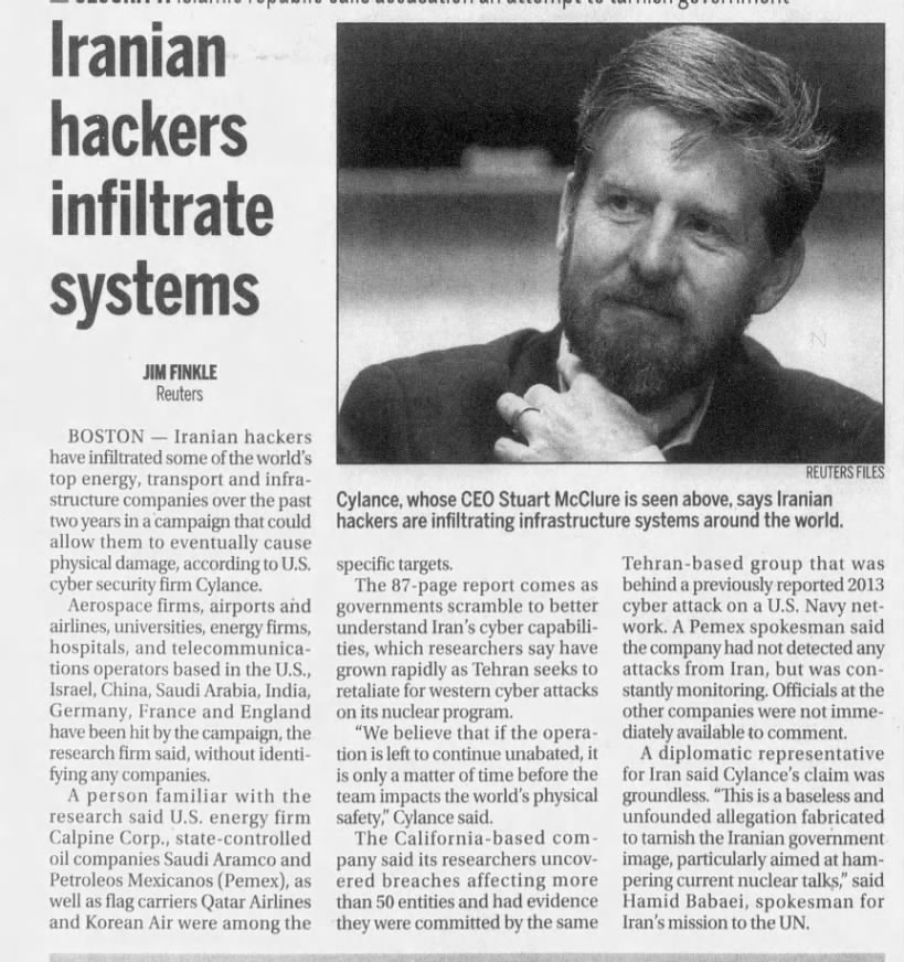 Iranian Hackers Infiltrate Systems — newspaper clipping
