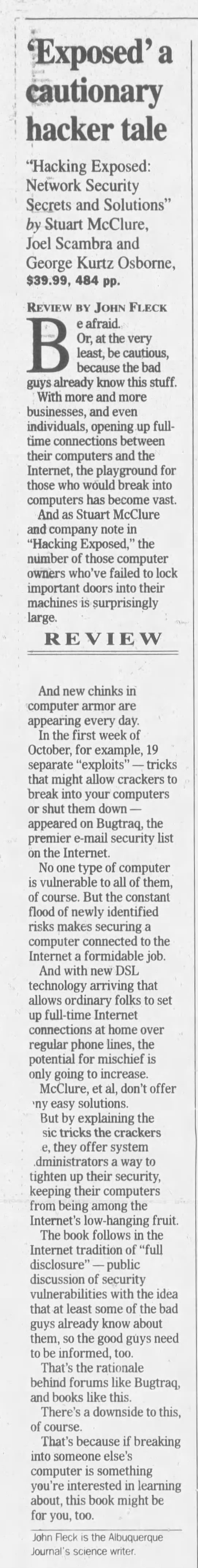 'Exposed' a Cautionary Hacker Tale — newspaper clipping