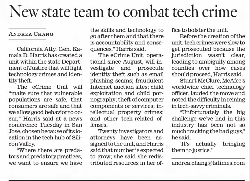 New State Team to Combat Tech Crime — LA Times clipping