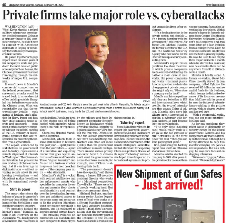 Private Firms Take Major Role vs. Cyberattacks — newspaper clipping