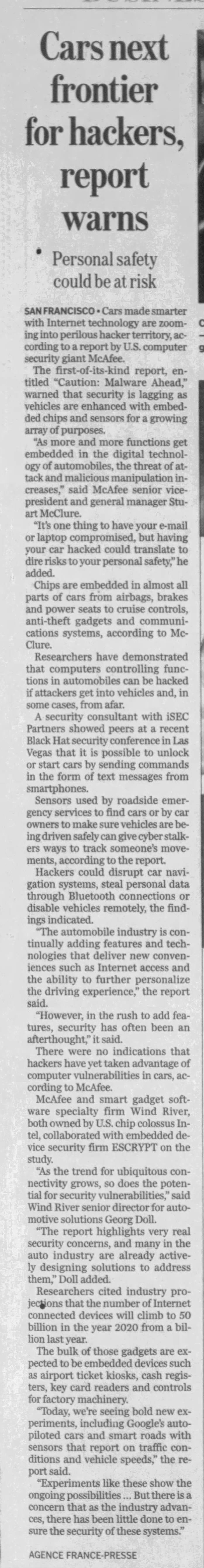 Cars Next Frontier for Hackers, Report Warns — newspaper clipping