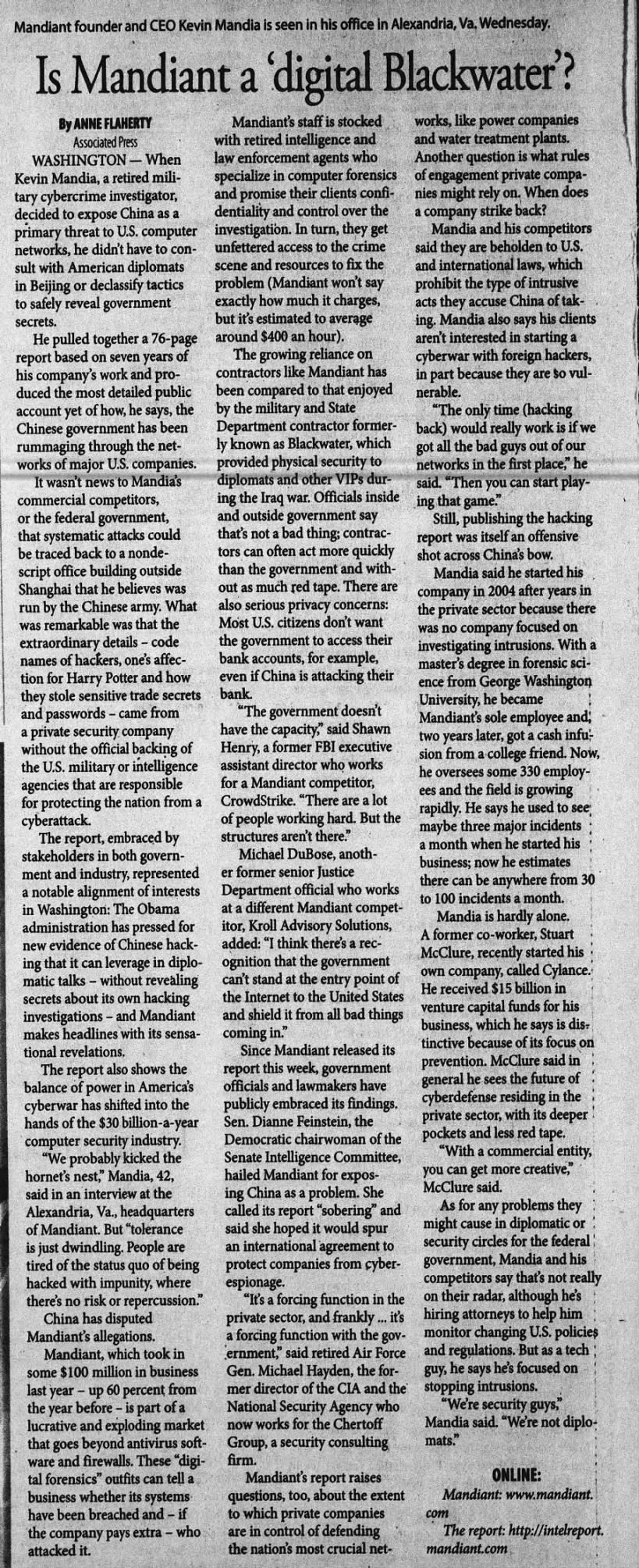Is Mandiant a 'Digital Blackwater'? — newspaper clipping
