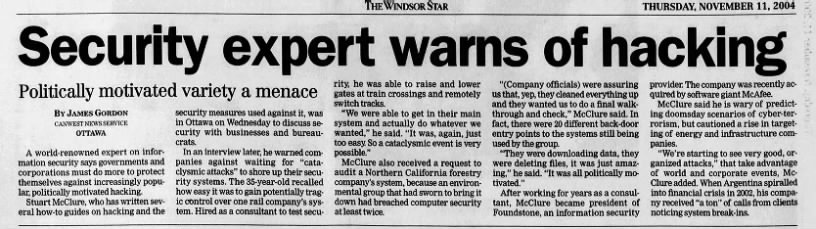 Security Expert Warns of Hacking — Windsor Star clipping