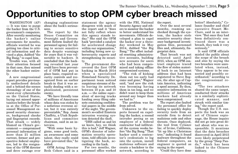 Opportunities to Stop OPM Cyber Breach Missed — newspaper clipping