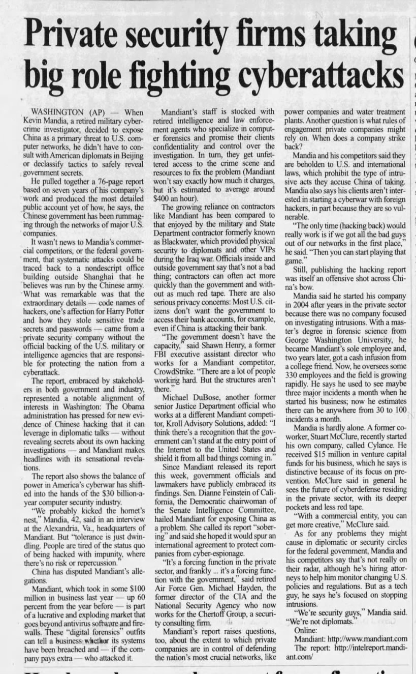 Private Security Firms Taking Big Role Fighting Cyberattacks — newspaper clipping