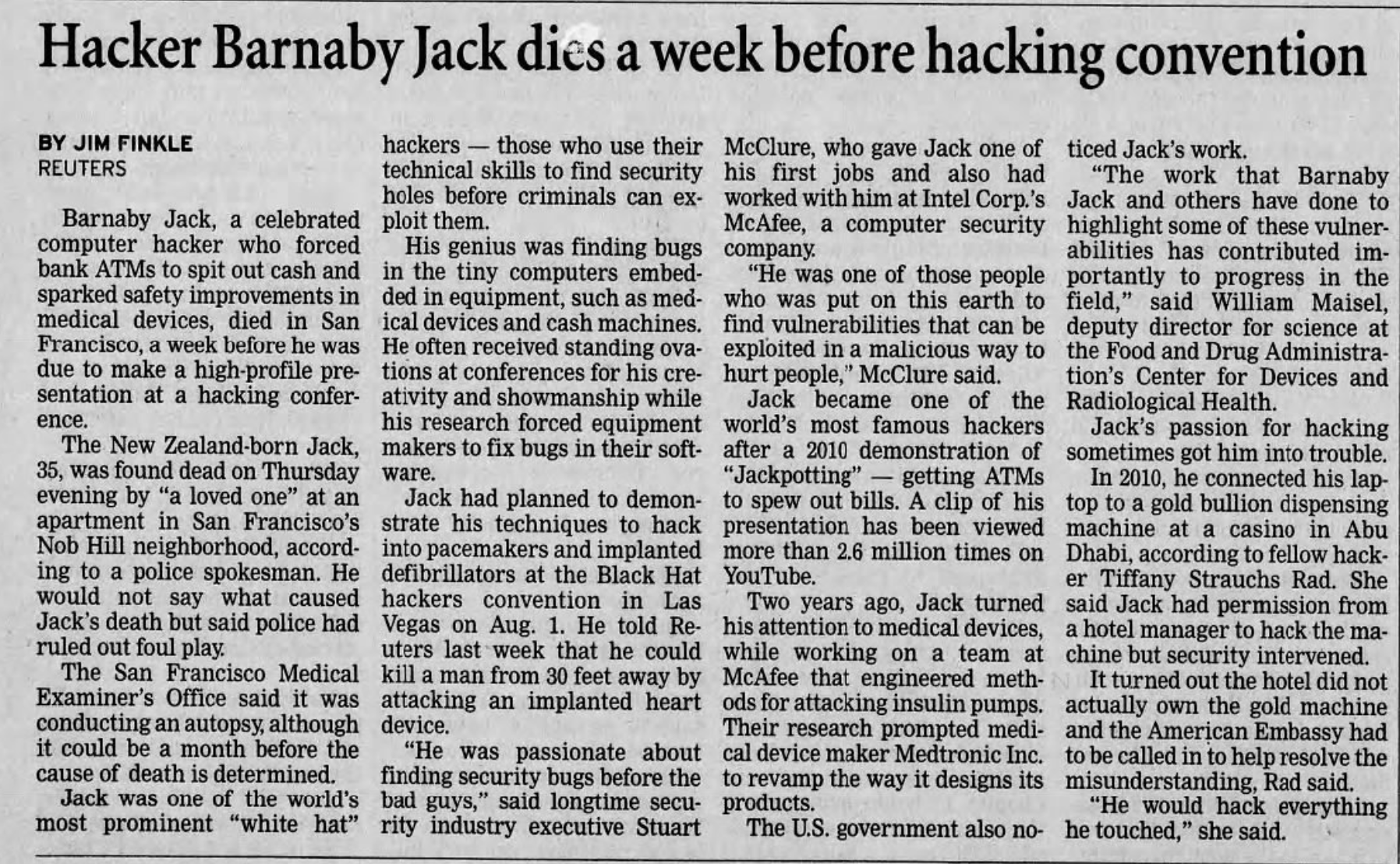 Hacker Barnaby Jack Dies a Week Before Hacking Convention — newspaper clipping